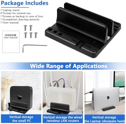 Vertical Laptop Stand Holder, ABS Organizer with Adjustable Dock, 3/4 in 1 Design Extra Storage Space-Saving, Sturdy Laptop Computer Holder for PC, MacBook, Mini PC, iPad (Black, 1 Slot)