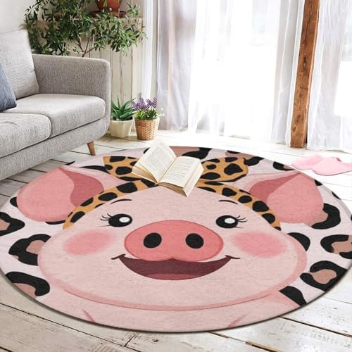 Fashion Round Area Rug Large Non Slip Carpet Unisex Home Decor Mat Cute Pig Leopard Print Pink