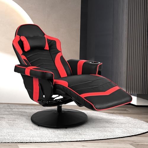 GYMAX Gaming Chair with Footrest, Massage Video Game Chairs for Adults with Remote, Adjustable Backrest, Headrest, Cup Holder & Side Pocket, Ergonomic High Back Office Computer Chair (Red)