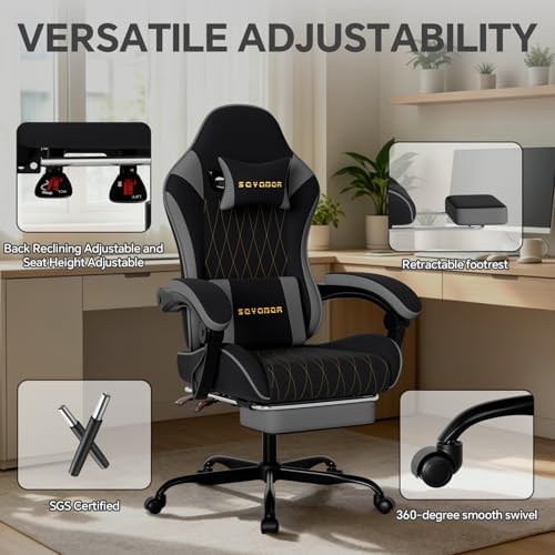 Breathable Fabric Gaming Chair with Footrest, Ergonomic High Back Computer Chair with Gold Diamond Stitching, Height Adjustable Swivel Office Chair with Lumbar Support for Adults,BlackGrey