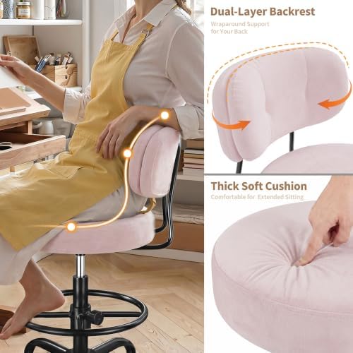 Homkdom Drafting Chair, Velvet Blush Pink