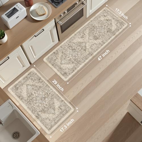 KIMODE Anti Fatigue Kitchen Mats 2 PCS 17"x47"+17"x29.5", Boho Kitchen Rugs and Mats, Non Slip Cushioned Kitchen Mats for Floor, Waterproof Kitchen Floor Mats for Laundry, Office, Sink, Khaki