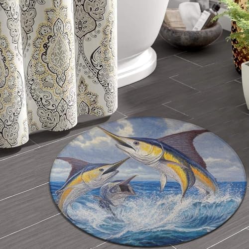 Home Decor Non Slip Kitchen Office Circle Rug, Machine Washable Modern Round Area Rug, Room Sofa Yoga Soft Round Carpet Whimsical Fish Painting, 36inch