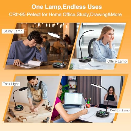 Wireless Charging Desk Lamp for Home Office, 800LM, CRI95+, Black