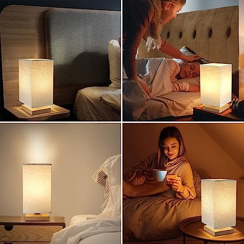 Small Square Bedside Table Lamp for Bedroom set of 2,Minimalist Wood Base & Round Fabric Shade,Mini Cute Cozy Warm Nightstand Boho Lamp, Study Desk Night Stand Light for Room,Dorm,Nursery,Living Room
