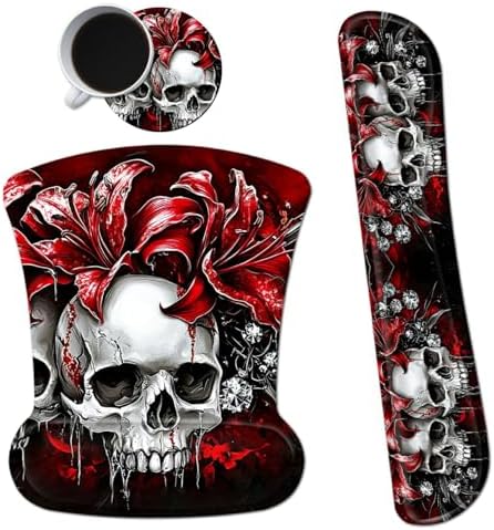 3Pcs Ergonomic Memory Foam Keyboard Wrist Rest Pad Set, Red Flower Skull