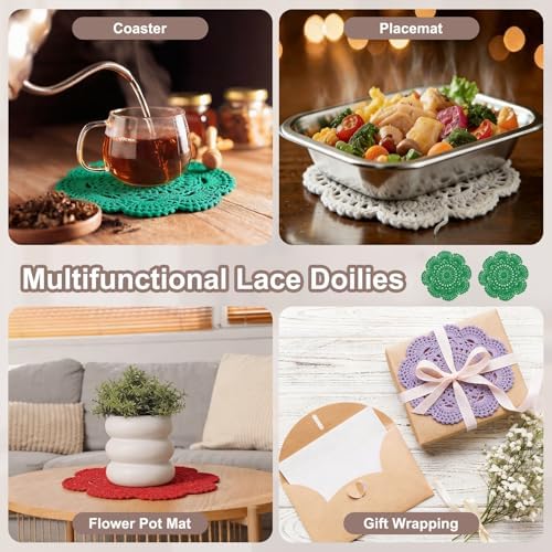 uxcell 6 Pcs Crochet Handmade Cotton Placemat Doilies for Table 7.9" Green
