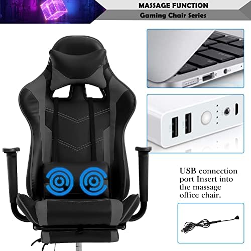 Grey Massage Gaming Chair with Footrest, PU Leather Gaming Chairs for Adults, High Back Office Chair Ergonomic Desk Chair Computer Chair, Reclining Gamer Chair, Height & Backrest Adjustable, 300 Lbs