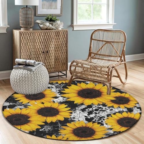 Highly Premium Quality Floor Mat, Office Chair Decor Mat, Room Sofa Yoga Soft Round Carpet 80s Vintage Cow Print Sunflowers, 60inch