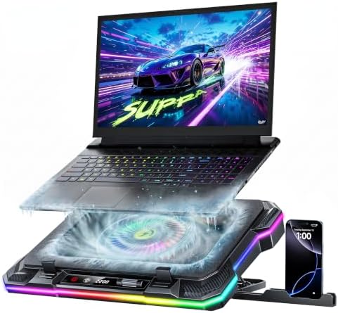 AICHESON RGB Laptop Cooling Pad for 15-19 Inch Laptops, Gaming Laptop Cooler with 140mm High Speed Fan (300-2200 RPM), Phone Holder, Black