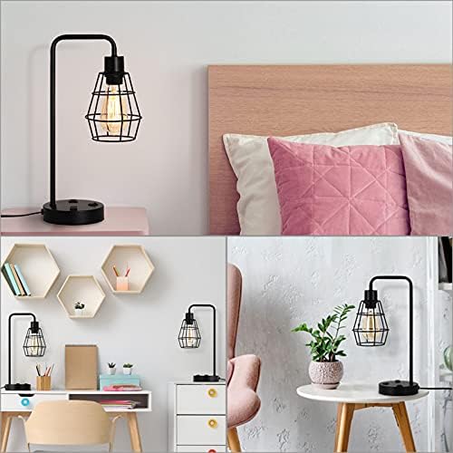 BTY USB Edison Table Lamp Set of 2, Bedside Nightstand Desk Lamps with Dual USB Charging Ports and 2 Prong AC Outlet Metal Wire Cage Industrial Reading Table Lamp for Bedroom Living Room Farmhouse