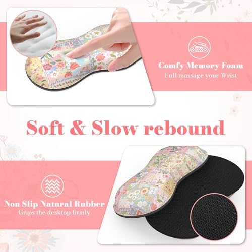 iLeadon Cute Floral Desk Mat Set, Non Slip Mouse Pad with Wrist Support