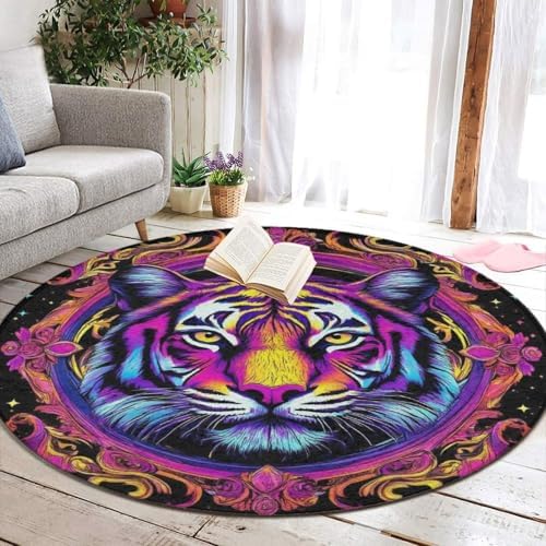 Large Round Area Rug Home Decor Modern Bathroom Rug Kitchen Office Circle Rug for Living Room Sofa Circle Cute Mat Magical Animal King Tiger Art, 60inch