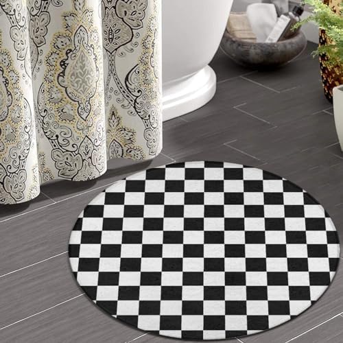 Large Machine Washable Circular Rugs, Home Decor Round Mat for Living Room Sofa Office Compatible with Black and White Checkered