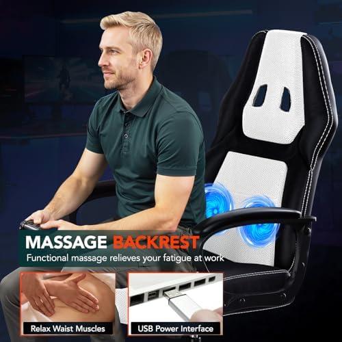 BestOffice Gaming Chair with Massage, Ergonomic Office Desk Chair, Adjustable Lumbar Support & Headrest,Computer Task Chair, 360° Swivel for Adults (White)