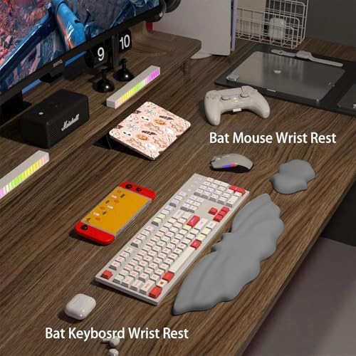 Halloween Bat Keyboard Wrist Rest Set, Ergonomic PU Leather Wrist Support for Keyboard & Mouse, Soft Memory Foam Wrist Pad with Non-Slip Base for Office, Gaming, Laptop & Compute(Grey)