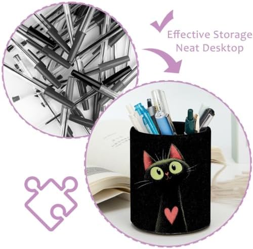 Leather Pen Holder for Desk, Cat Heart Pencil Cup Pen Organizer Makeup Brush Holder for Office Home Kids Countertop Desk Accessory Storage