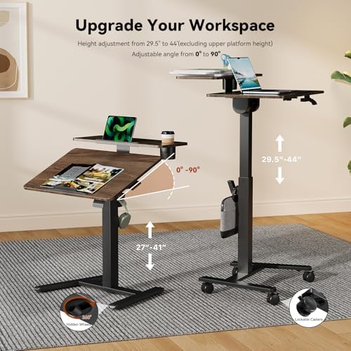 28" Mobile Standing Desk, Tiltable Top with 2-Tier Shelves, Walnut