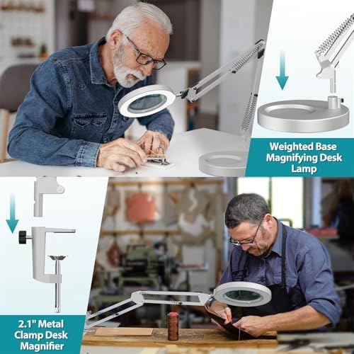 12X Magnifying Glass with Light and Stand, 5 Color Modes, Brightness Stepless Dimmable LED Lighted Magnifier Hands Free, 2-in-1 Desk Lamp & Clamp Light, Magnifier Lamp for Crafts - Silvery