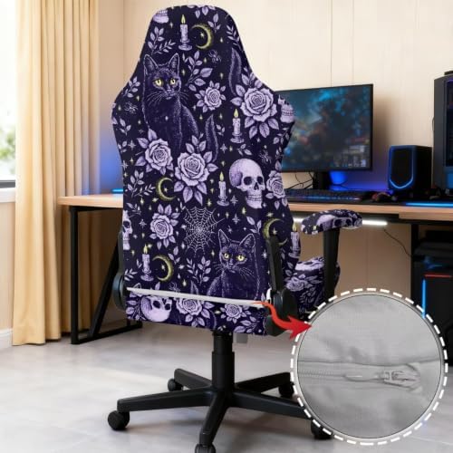 Halloween Gothic Black Cat Gaming Chair Cover Stretchable Game Chair Slipcovers with 2 Armrest Covers, Scratch-Proof Gamer Desk Chair Covers for Computer Office Seat