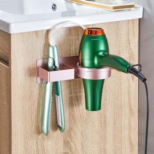 Hair Dryer Holder Wall Mounted, Hair Straightener Holder, Blow Dryer Holder Adhesive, Hair Tool Organizer for Flat Iron, Hairdryer, Curling Iron Holder for Bathroom Vanity Barber Shop (Rose Gold)