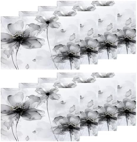 Shrahala Flowers Petals Set of 8 12 X 18 Inch Linen Placemats, Beautiful Black White Flowers Burlap Table Mat Washable Double Layered Heat Insulation for Indoor/Outdoor