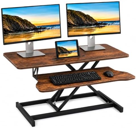 Standing Desk Converter 37 Inch – Height Adjustable Desk Riser with GasSpring Lift, Duals Screen Converter and Laptop Workstation, Sit Stand Ergonomic Riser with Wide Keyboard Tray for Offices (Brown)