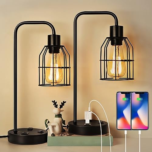 BTY Bedside Lamps Set of 2 Industrial Table Lamp with Dual USB Charging Ports and 2 Prong AC Outlet Farmhouse Nightstand Desk Lamps Edison Lamp with Metal Wire Cage for Bedroom Living Room
