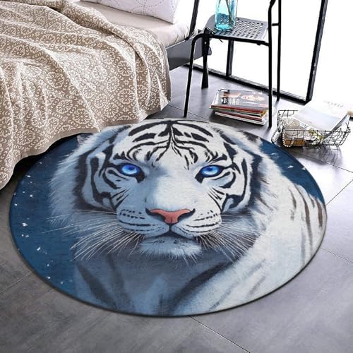 Fashion Round Area Rug Large Non Slip Carpet Unisex Home Decor Mat White Tiger Moon Starry Sky