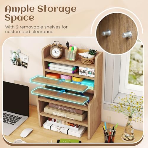 Tangkula 6-Tier Desktop File Organizer, Wooden Mail Letter Tray Organizer with 2 Removable Shelves for Papers, Folders & Office Supplies, Space-Saving Desktop File Holder for Small Spaces Home Office