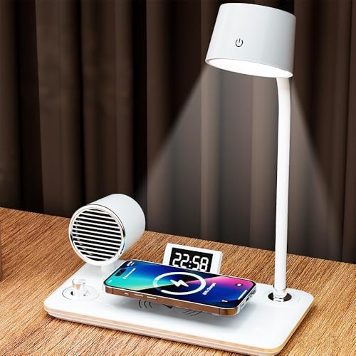 IHAO Smart LED Desk Lamp with Wireless Charger & Bluetooth Speaker, 15W Fast Charging Station for Phone & Earbuds Touch Control 3 Light Modes Alarm Clock Adjustable Eye-CareTable Lamp-HYT1772 White