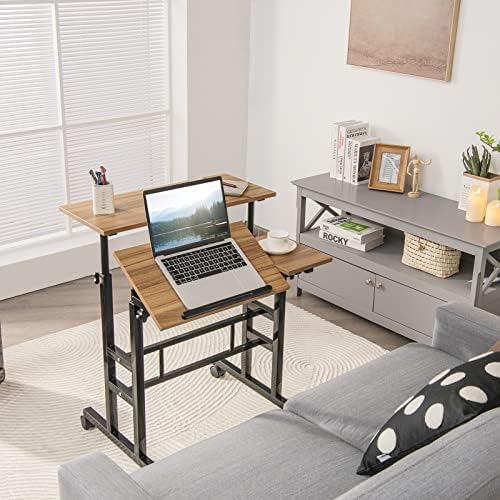 GIANTEX Mobile Standing Desk, Height Adjustable Stand Up Desk with Wheels & Tilting Tabletop, Rolling Laptop Cart Computer Workstation for Standing or Sitting, Home Office Sit Stand Desk, Walnut