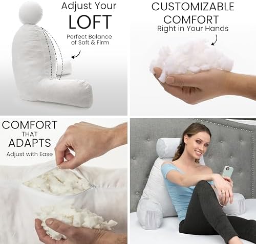 Husband Pillow Medium Reading Pillow with Arms - 23" Backrest for Sitting Up in Bed - Firm Support Bed Rest Pillow for Adults, Neck Roll, Removable Cover - TV, Reading, Lounging - Light Grey