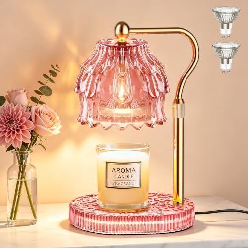 Candle Warmer Lamp with Timer Dimmer, Modern Wax Warmer for Scented Wax Jar Candle Warmer with 2 Bulbs, Adjustable Height Glass Lamp for Women, House Warming Gifts, Gold Pink