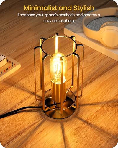 Industrial Table Lamp, 8.5" Small Brass Table Lamp with Dimmable 2400K Warm Light LED Bulb, Vintage Brass Desk Lamp, Gold Bedside Lamp for Bedroom, Study, Office, Small Space, D05TL05