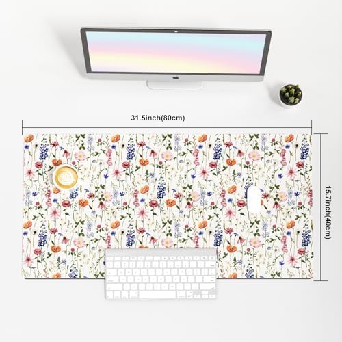 Faux Leather Large Mouse Pad, Office Desk Mat, 31.5"x15.7", Flowers