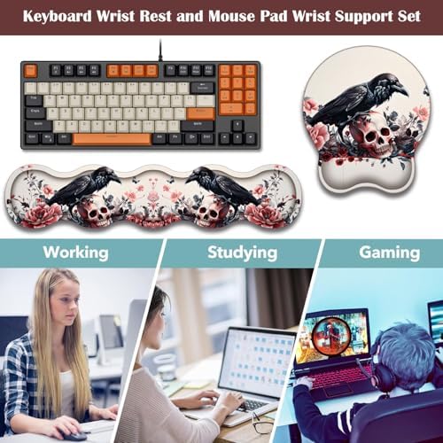 Keyboard Wrist Rest and Mouse Pad Wrist Support with Lace-Shaped Coaster Set, Ergonomic Gel Memory Foam and Anti-Slip Base, Easy Typing and Pain Relief - Rose Skeleton