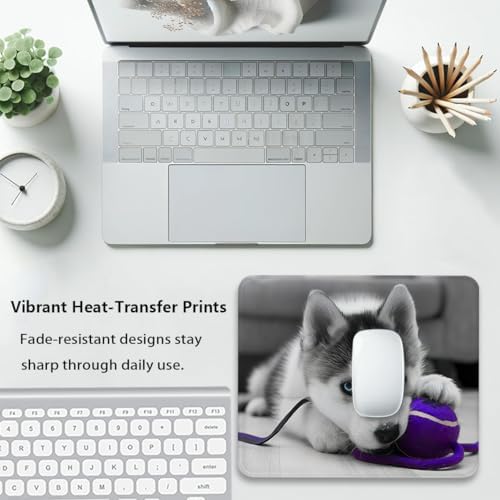 Siberian Husky Puppy Mouse Pad, Cute Pup Playing Purple Blue Ball Desk Mat