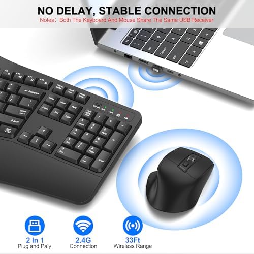 Wireless Keyboard and Mouse Combo, 2.4G Ergonomic Wave Keys(Graphite)