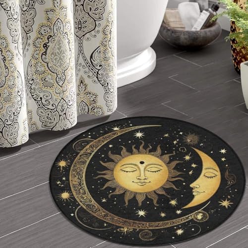 Large Home Decor Mat, Soft Round Yoga Carpet, Non-Slip Machine Washable Home Office Circle Rug Compatible with Boho Gold Sun Crescent Moon Star