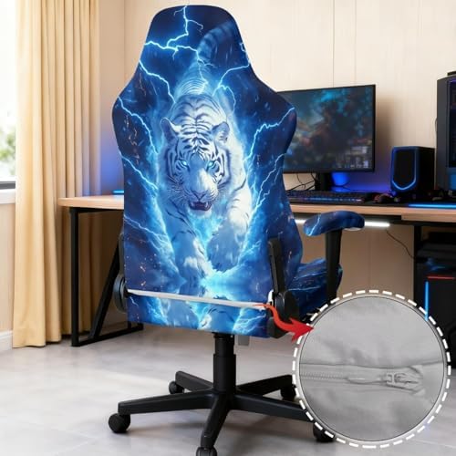 Gaming Chair Cover Tiger Lightning Gaming Chair Armrest Pads Anti Scratch Office Chairs Covers Breathable 4-Piece Universal Fit Gamer Chairs Seat Cover