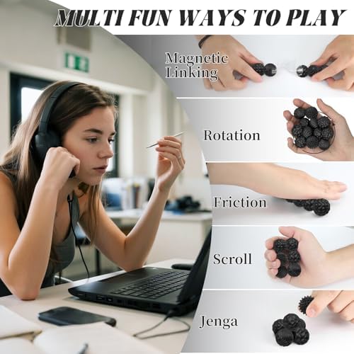 Silicone Magnetic Balls, Fidget Toys for Adults & Teens, 6PCS Stress Balls Fidget Toy, Quiet Magnet Desk Fidgets with Textured, ADHD Anxiety Relief Items, Fun Stocking Suffers Gifts (Black)