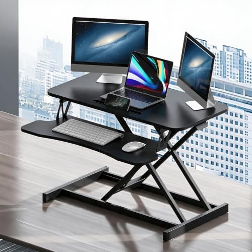 32 Inch Adjustable Standing Desk, Dual Monitor Sit Stand Desk with Wide Keyboard Tray for Table Home Office (Black)