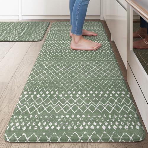 KIMODE Kitchen Anti Fatigue Mats, Green Farmhouse Kitchen Rugs Sets of 2