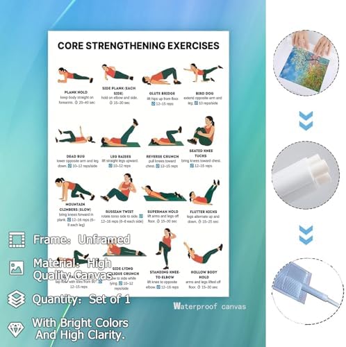 Core Strengthening Workout Poster, 16 Illustrated Abdominal Training Chart with Timing & Rep Guides, Bodyweight Abs & Obliques Exercise Reference for Home Gym Beginner Core Stability Fitness Routine(20x30inchs，Unframed)