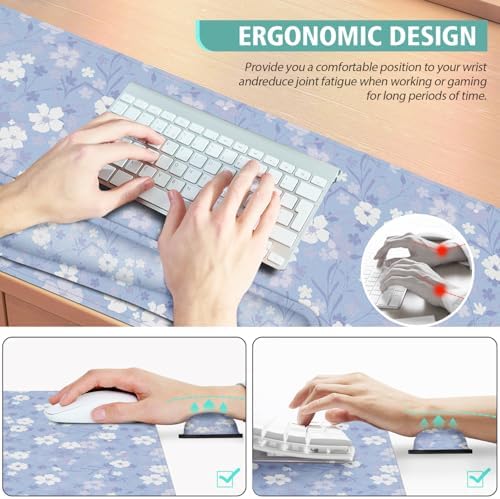 Large Mouse pad,4 in 1 Extended Keyboard Desk Mat with Wrist Rest,Non-Slip Desk Pad Protector Easy Typing Pain Relief for Home Office (Light Purple Flower)