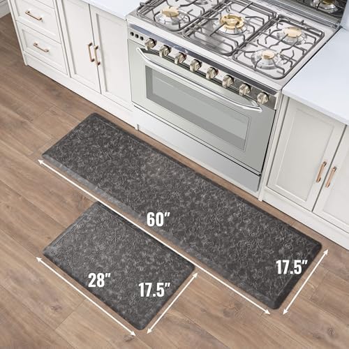 Chef Gear - Anti-Fatigue Wellness Kitchen Mat - Marni Design - Cushioned Comfort Chef Mat - Faux Leather - Cooking & Standing Relief -Skid-Resistant - Set of 2-17.5"x 60"/ 17.5"x28"- Dark Grey