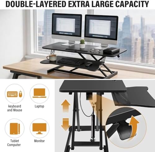 37 Inch Standing Desk Converter, Height Adjustable Desktop Standing Desk, Stand Up Riser Compatibles with 2 Computer, Stand Up Converter Laptop Workstation to 18.8" Tall, Black