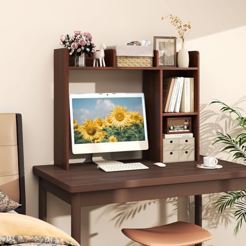 GIANTEX Desktop Bookshelf, Wood Desk Hutch Organizer for 27 Inch Computer Monitor, Countertop Storage Display Rack with 5 Shelves, Multipurpose Desktop Shelf Bookcase for Dorm Office Home, Walnut