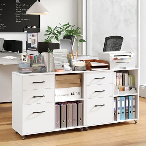 Giantex 3-Drawer Mobile File Cabinet, Rolling Printer Stand with Open Storage Shelves, Under Desk Lateral Filing Cabinet for Letter/A4 Size, Wooden Office Organizer with Wheels for Home Office (White)